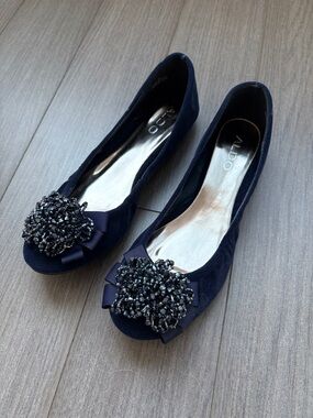 Aldo DOSTIE - Navy Suede Beaded Bow Flats (size 36)